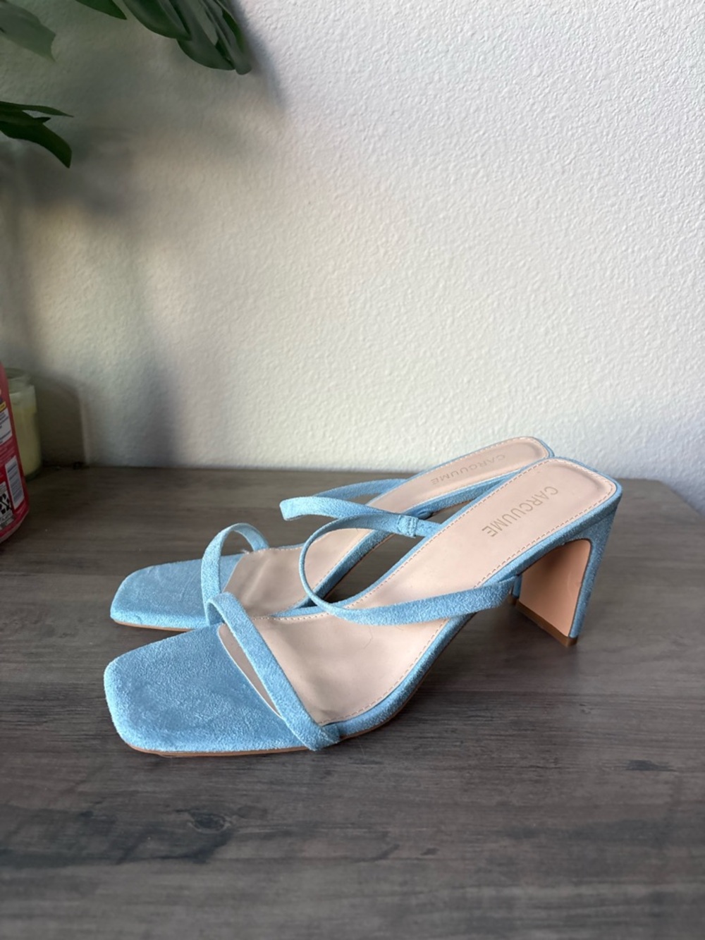 Light Blue Suede Block Heel Mules